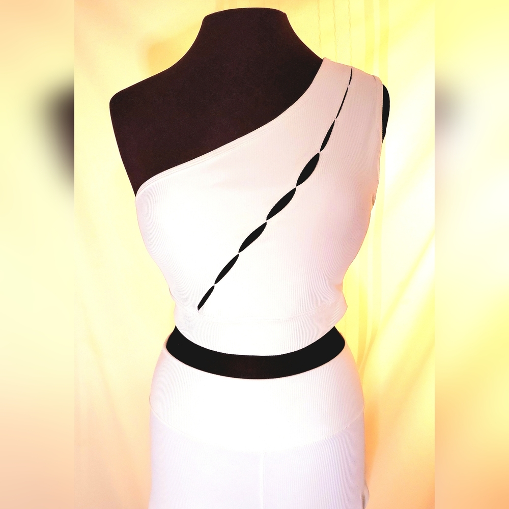 2 pc White Ribbed Yoga Outfit, One Shoulder with Peek-A-Boo Chest Cut-outs, XL